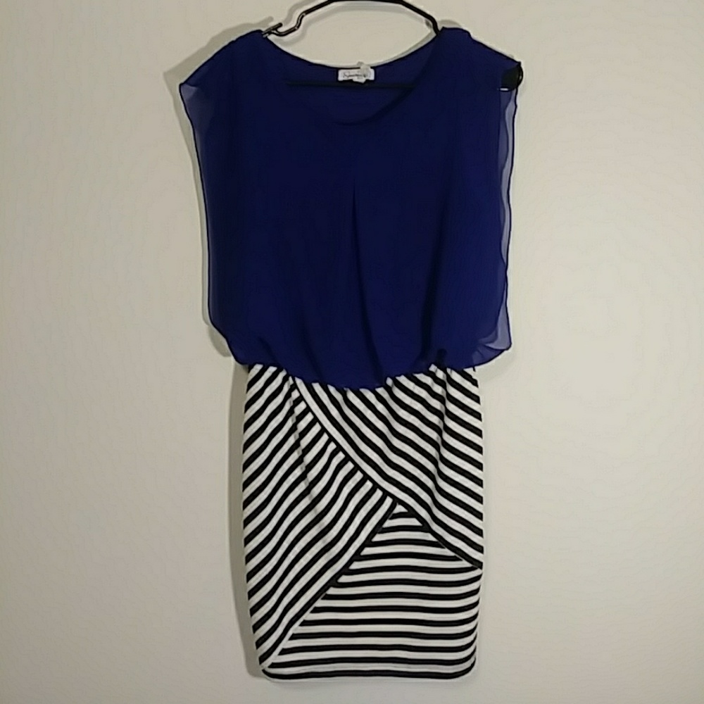 Sheer blue and black and white stripe fitted dress